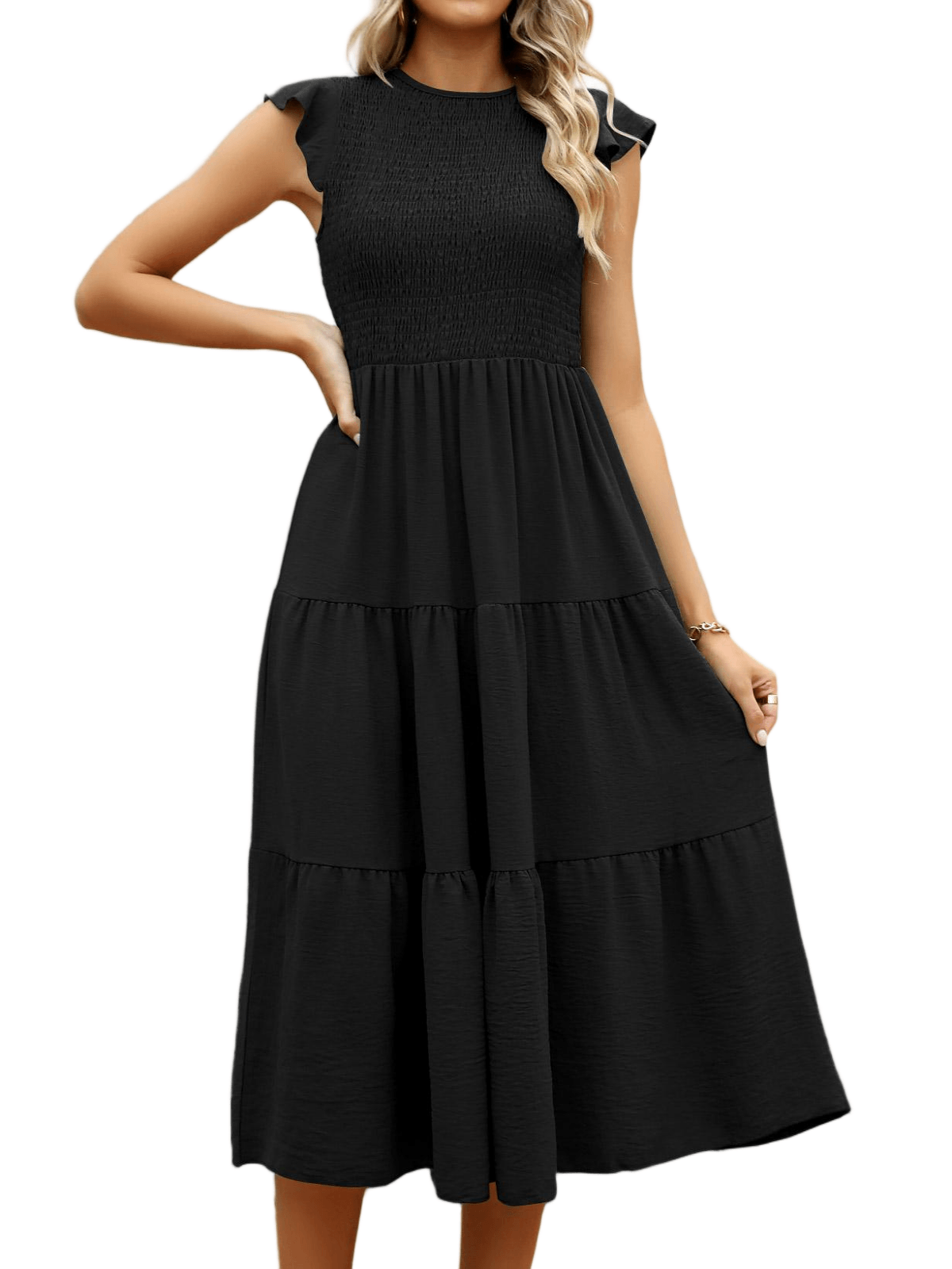 HEEKPEK Flutter Sleeve Tiered Pleated Maxi Dress