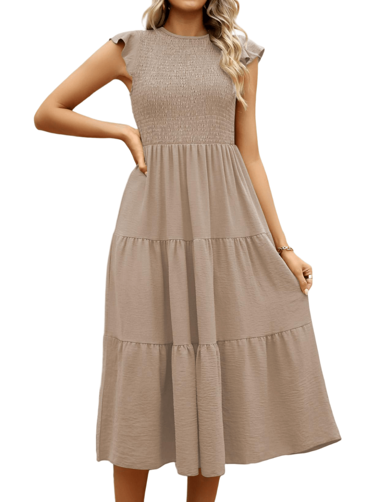 HEEKPEK Flutter Sleeve Tiered Pleated Maxi Dress