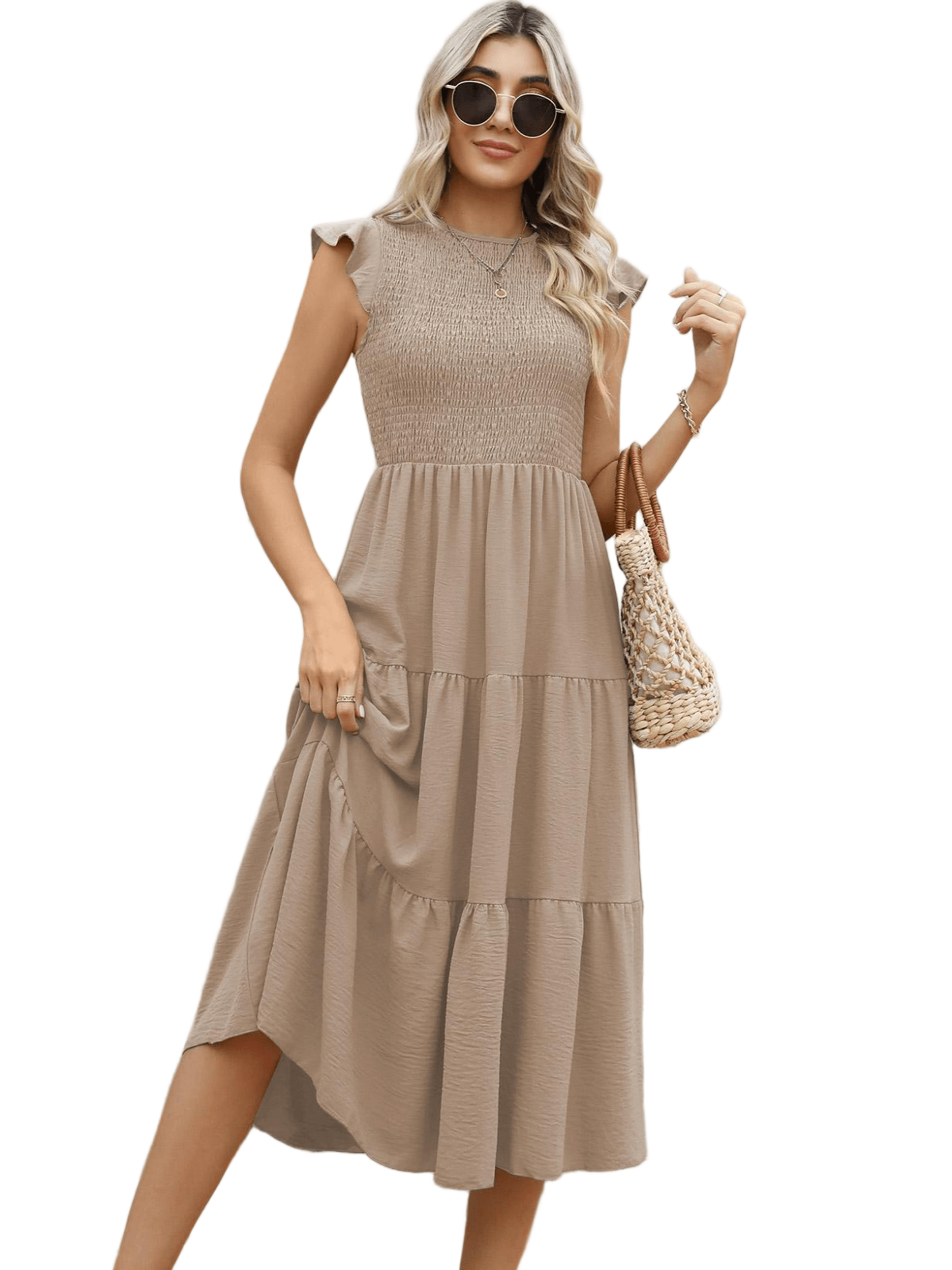 HEEKPEK Flutter Sleeve Tiered Pleated Maxi Dress