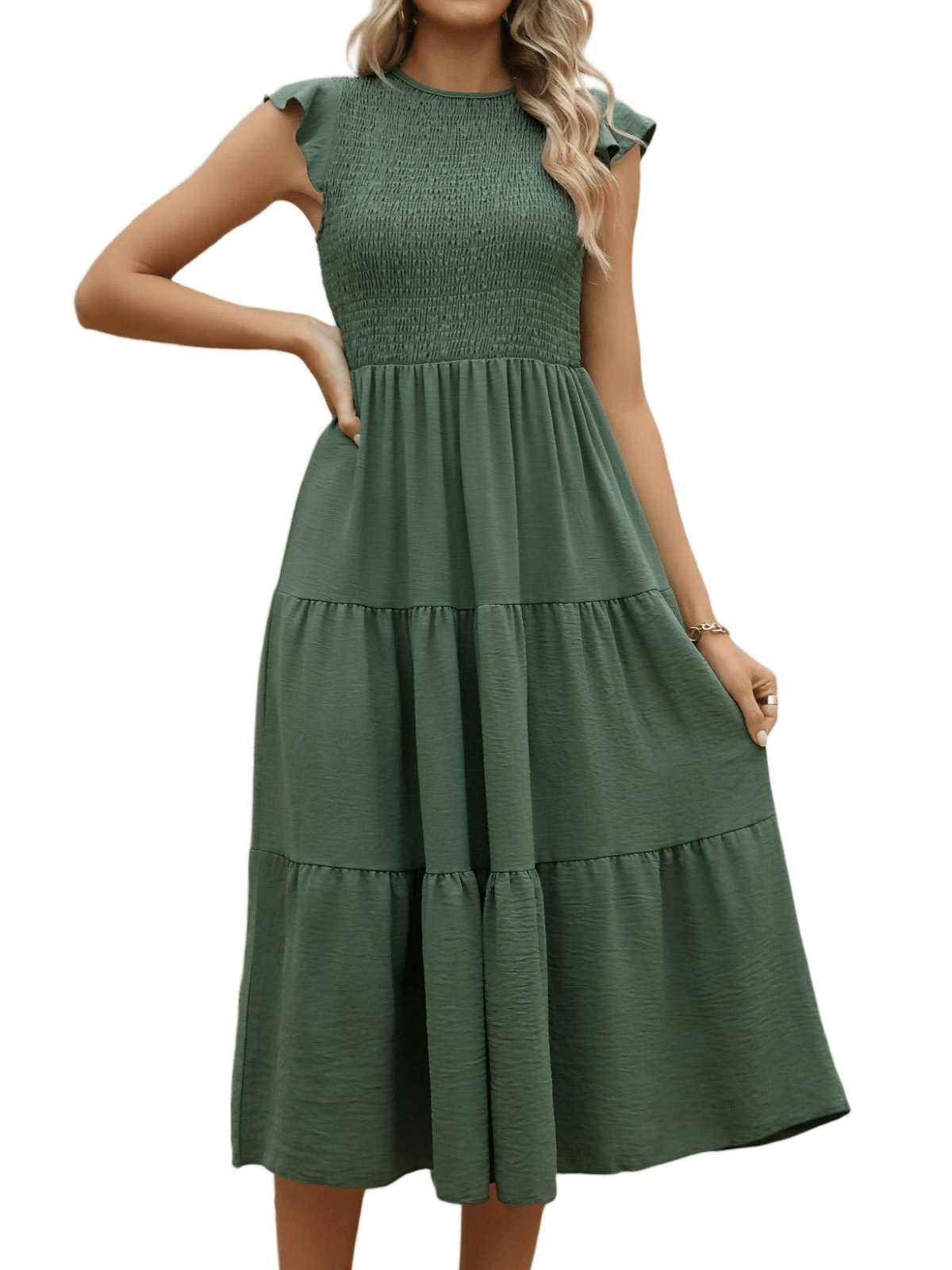 HEEKPEK Flutter Sleeve Tiered Pleated Maxi Dress
