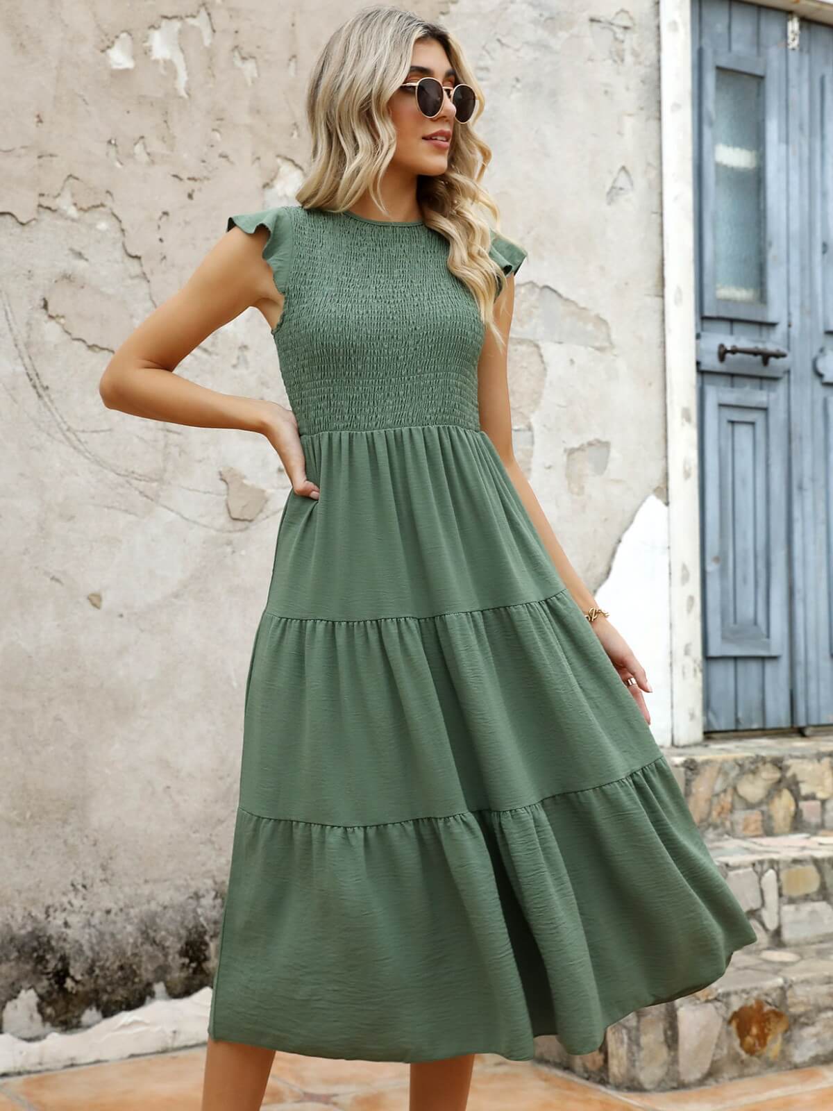 HEEKPEK Flutter Sleeve Tiered Pleated Maxi Dress