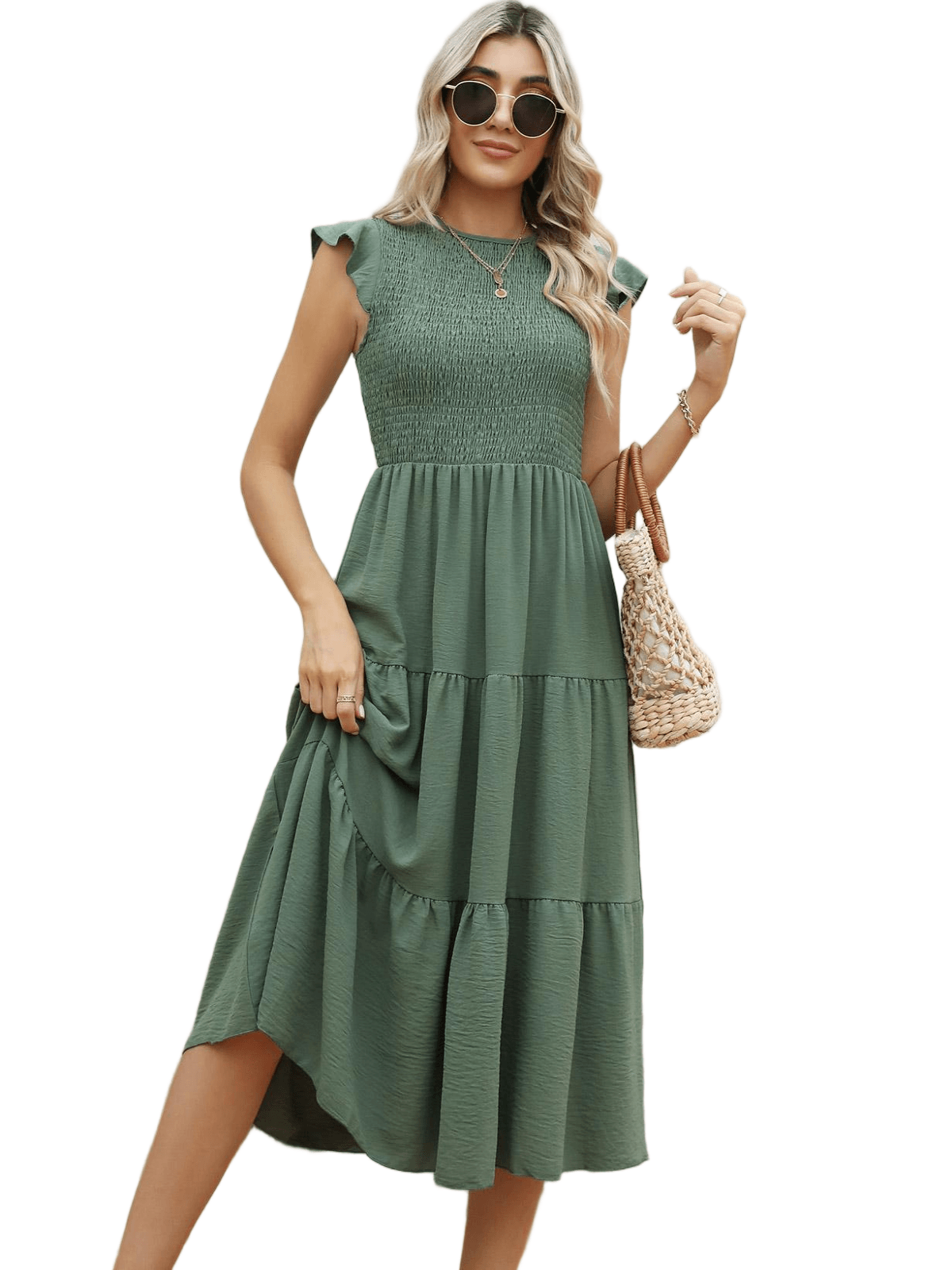HEEKPEK Flutter Sleeve Tiered Pleated Maxi Dress