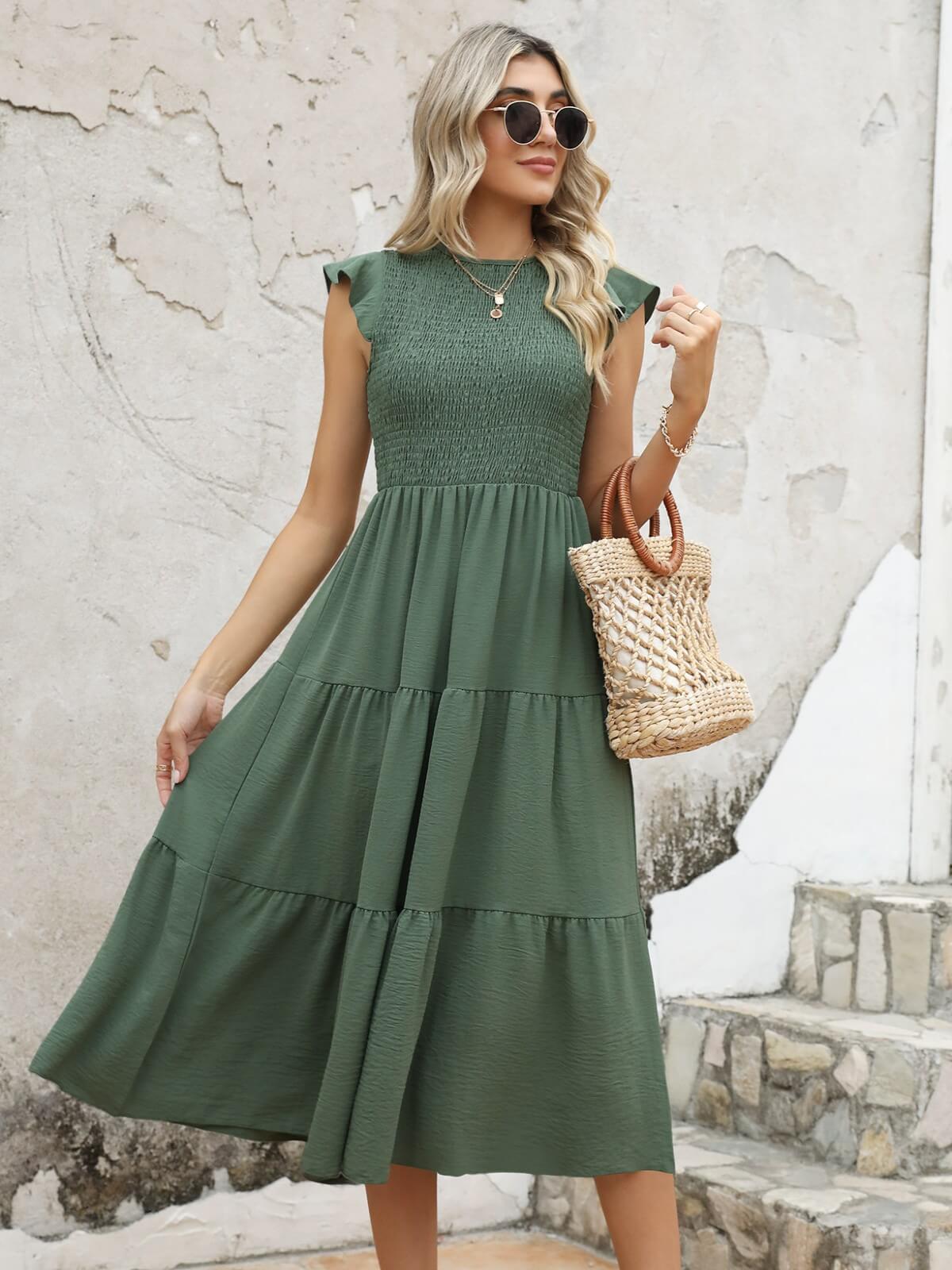 HEEKPEK Flutter Sleeve Tiered Pleated Maxi Dress