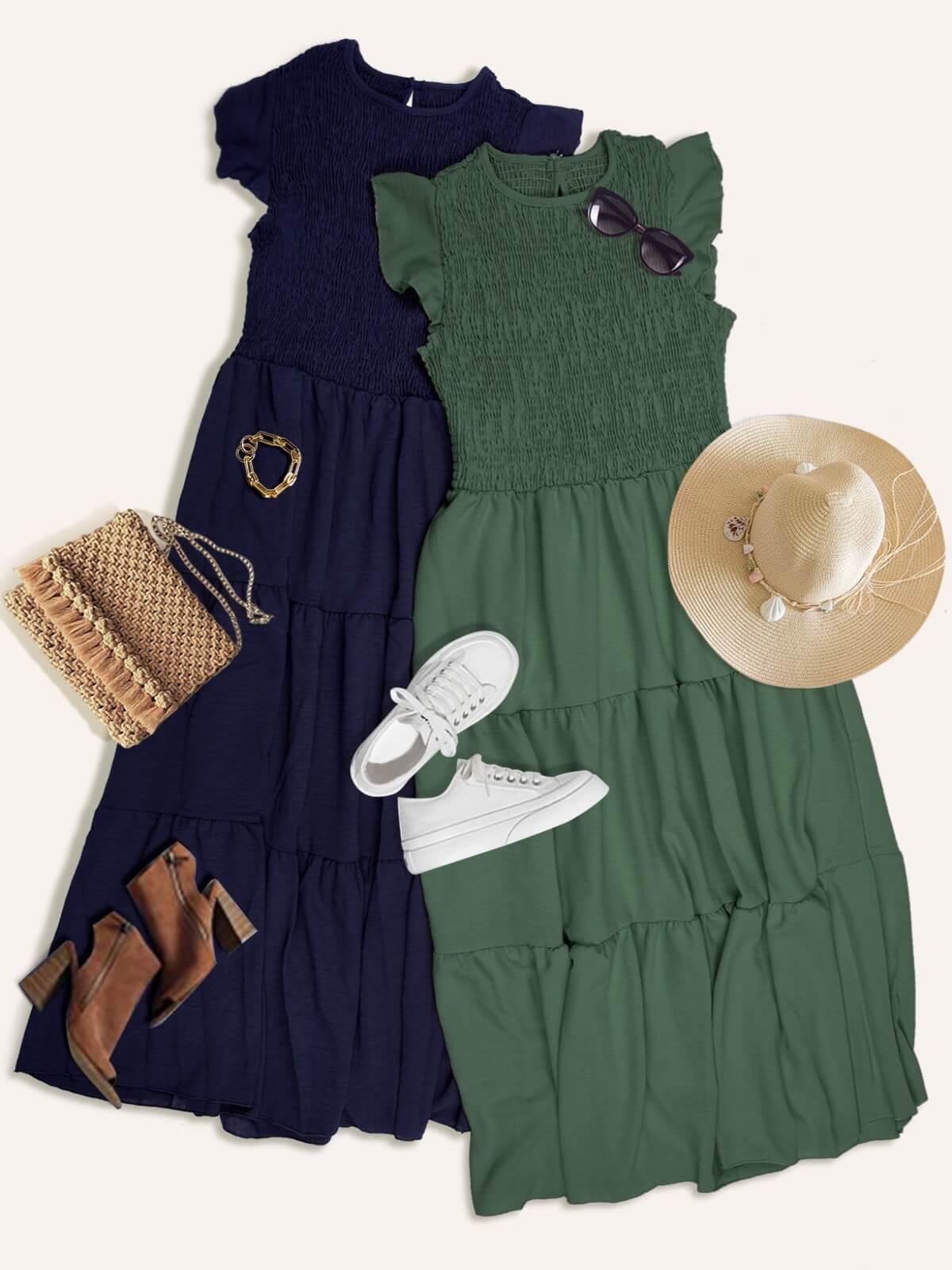 HEEKPEK Flutter Sleeve Tiered Pleated Maxi Dress