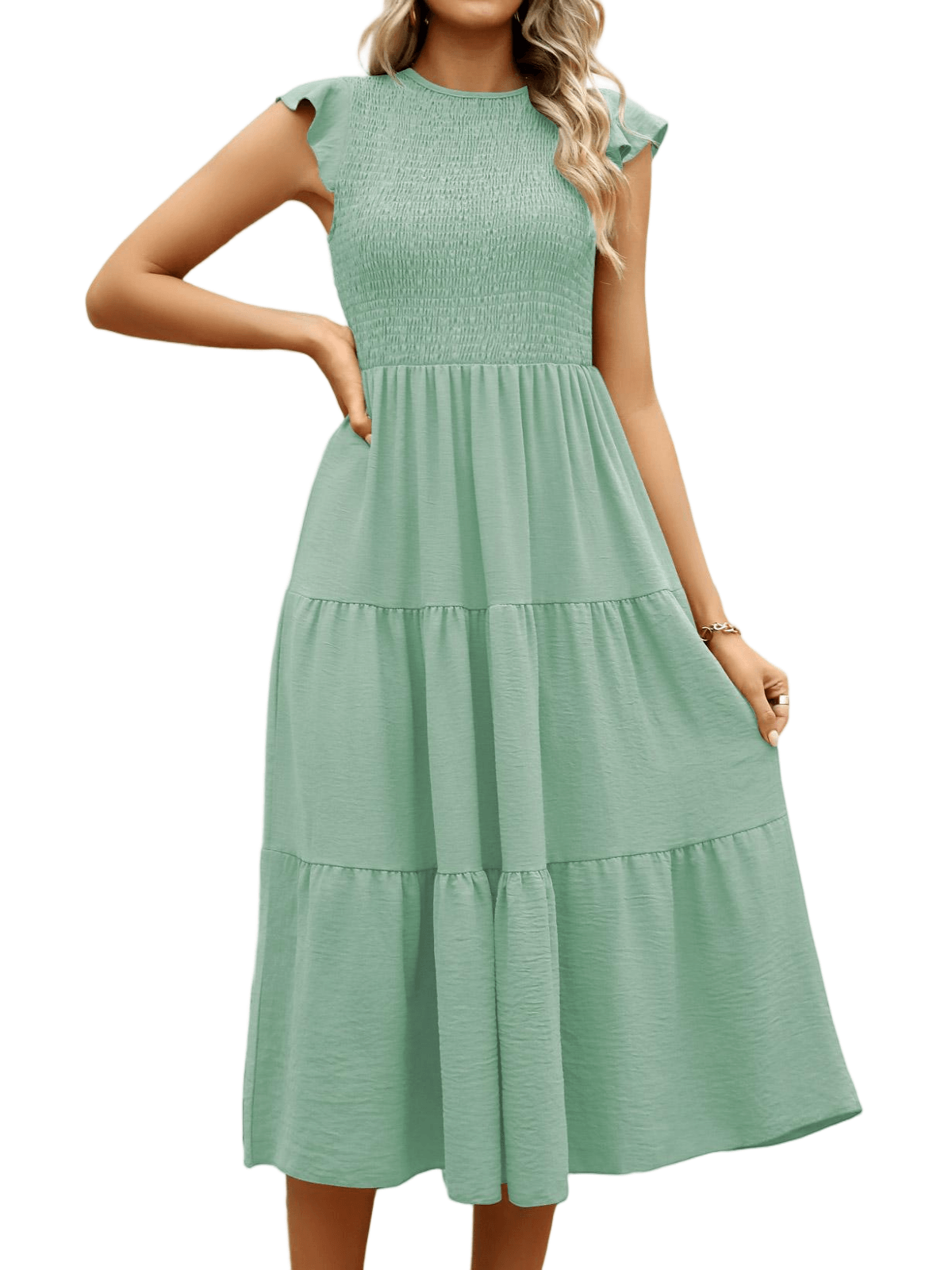 HEEKPEK Flutter Sleeve Tiered Pleated Maxi Dress