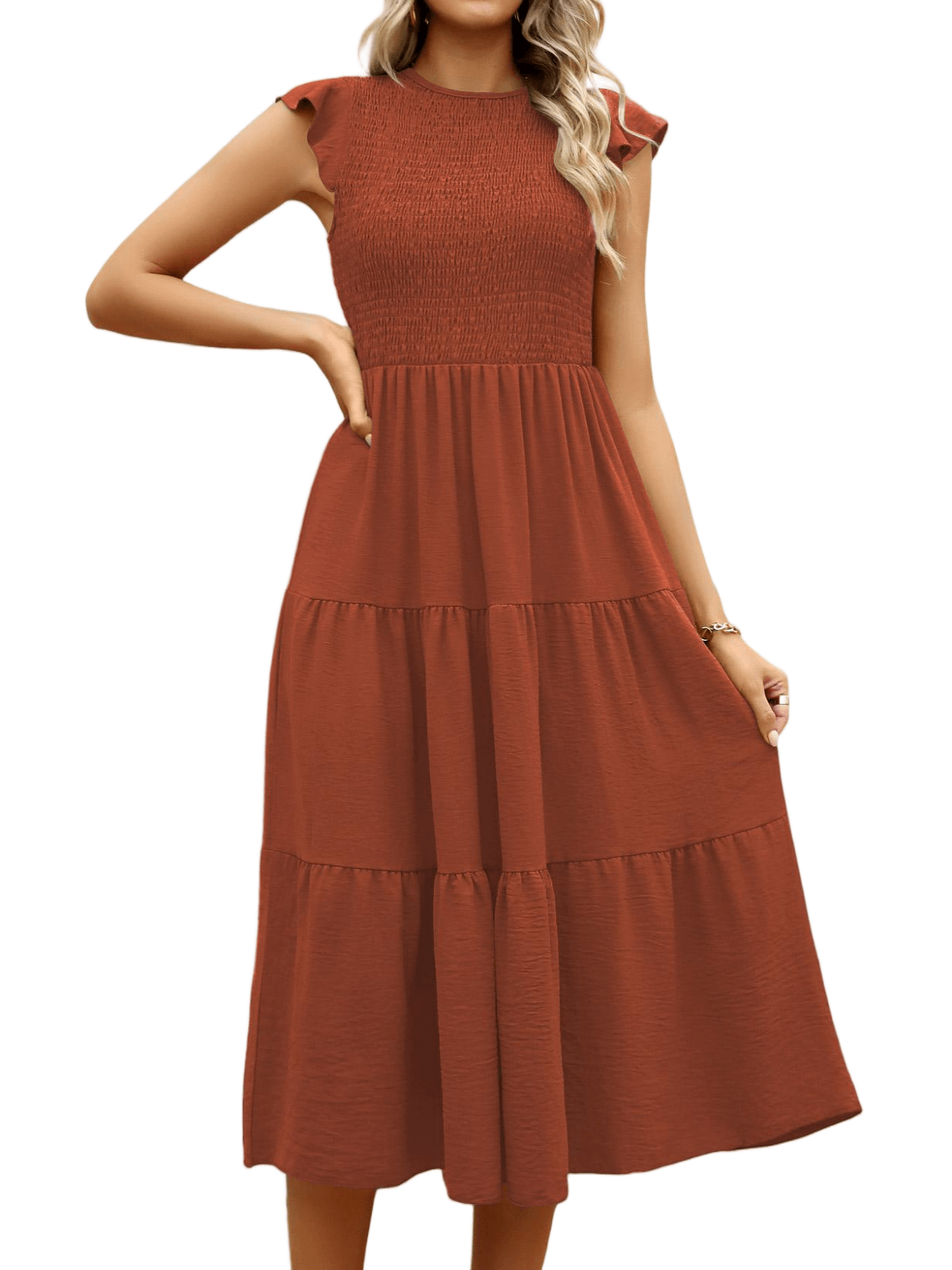 HEEKPEK Flutter Sleeve Tiered Pleated Maxi Dress