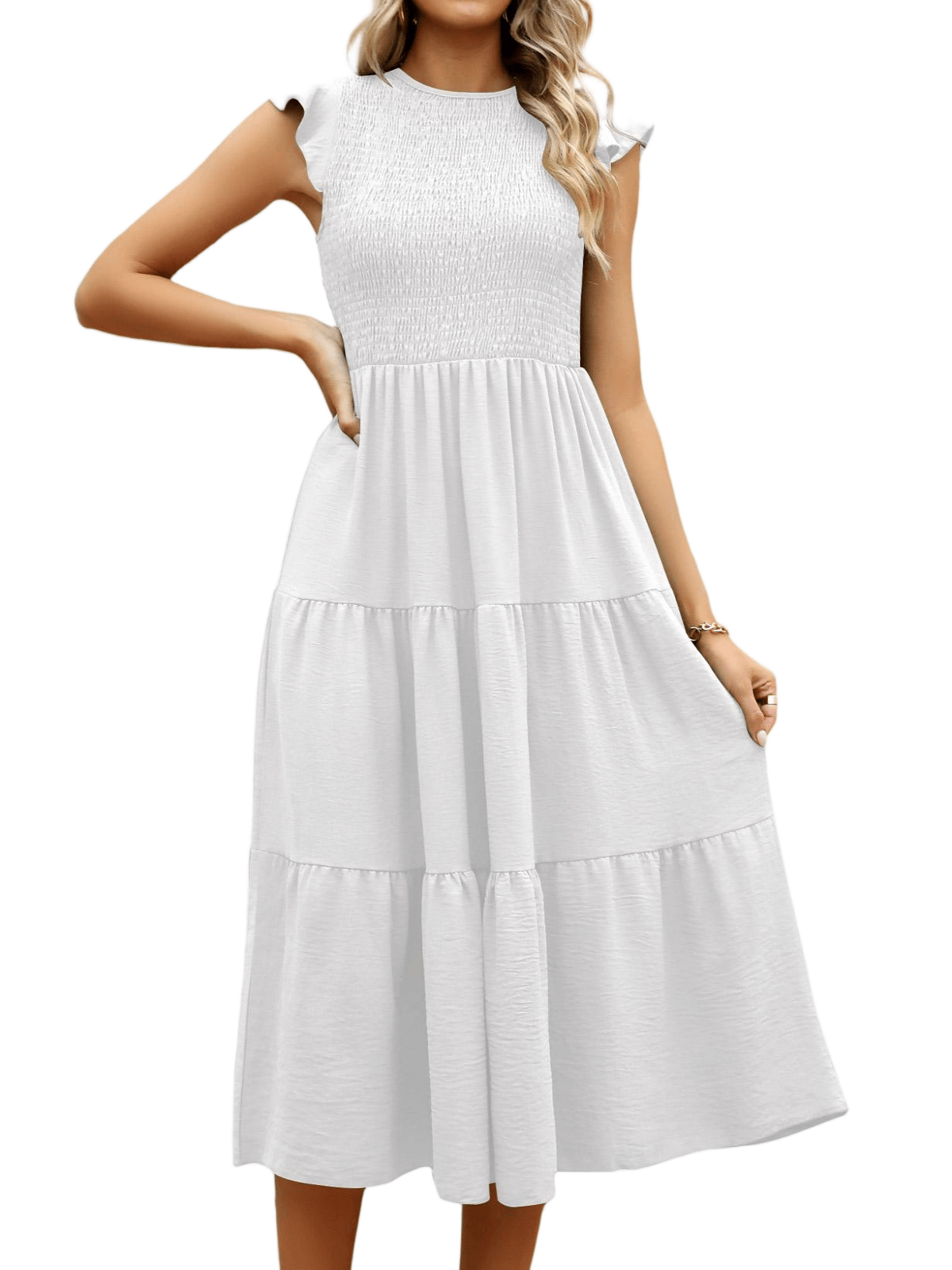 HEEKPEK Flutter Sleeve Tiered Pleated Maxi Dress