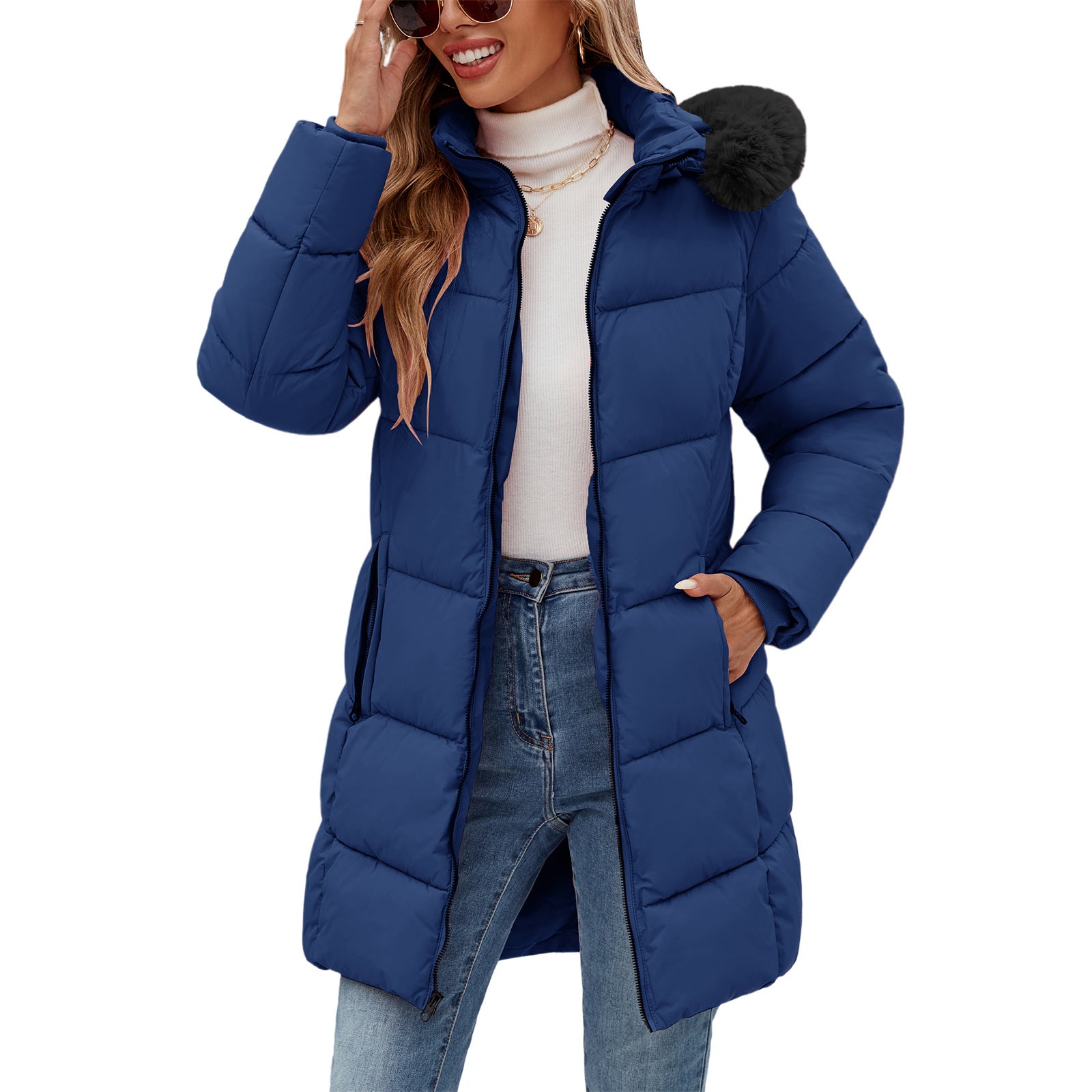 Women's Long Fleece Lined Puffer Jacket with Faux Fur Hood