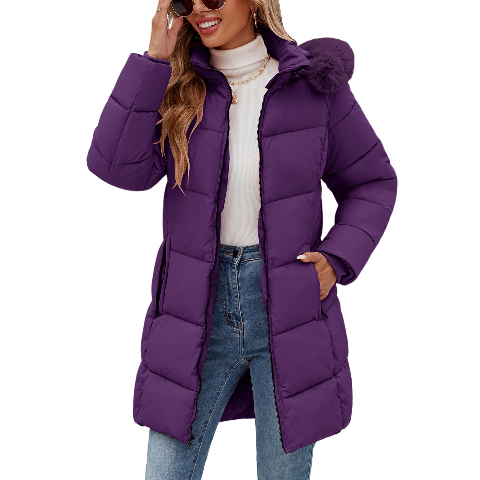 Women's Long Fleece Lined Puffer Jacket with Faux Fur Hood