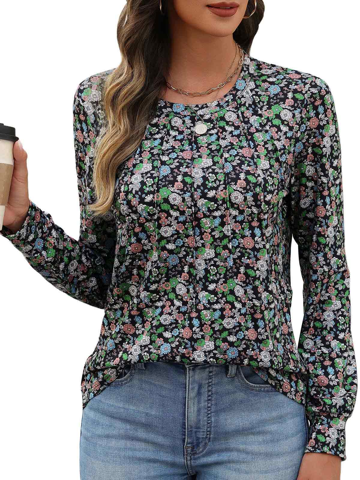 HEEKPEK Womens Floral Printed Long Sleeve Tunic Top Casual Tee