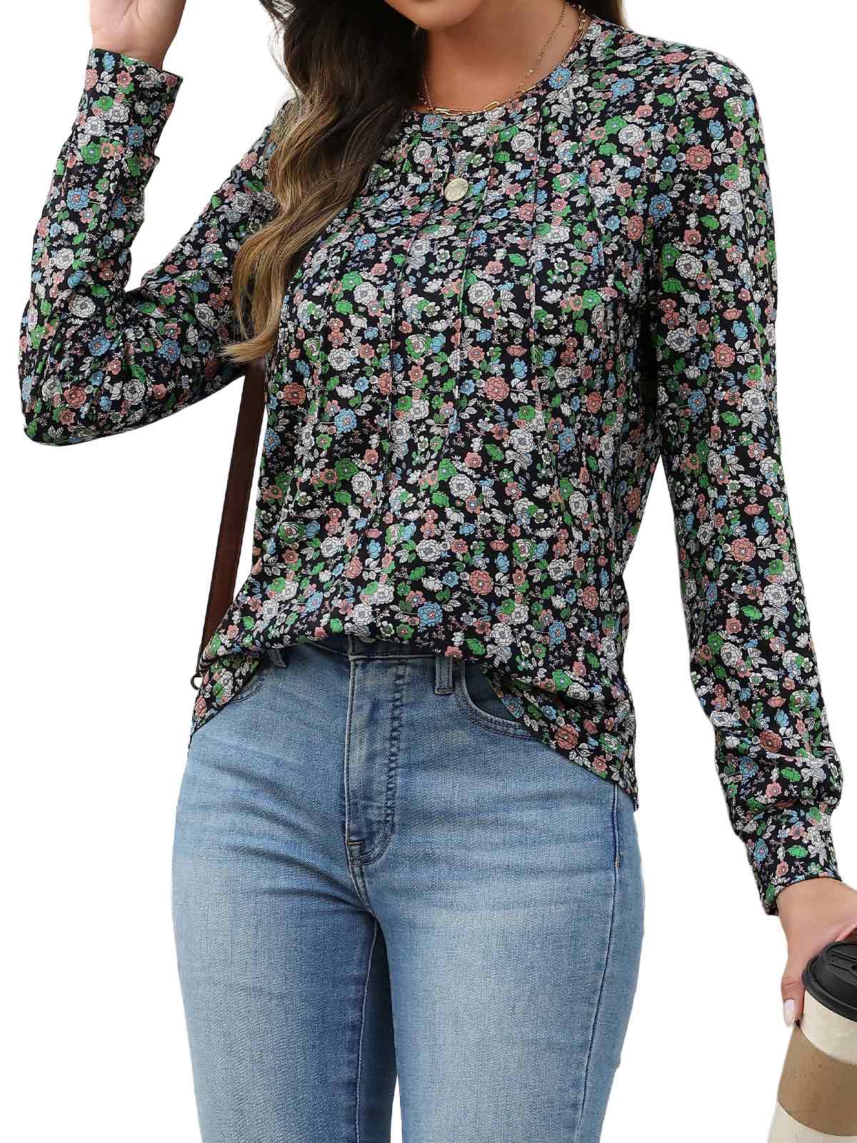HEEKPEK Womens Floral Printed Long Sleeve Tunic Top Casual Tee