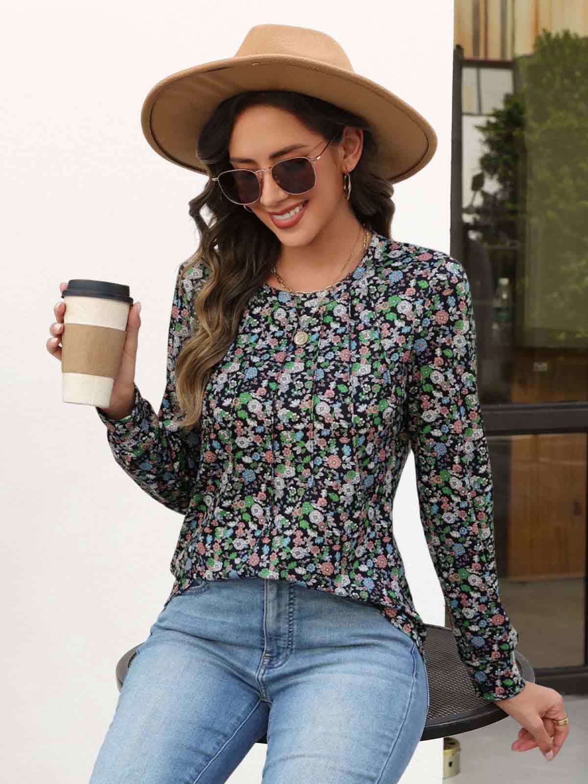 HEEKPEK Womens Floral Printed Long Sleeve Tunic Top Casual Tee
