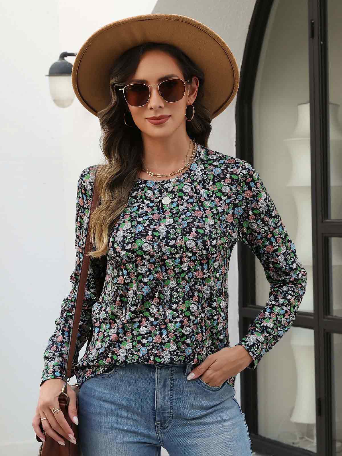 HEEKPEK Womens Floral Printed Long Sleeve Tunic Top Casual Tee