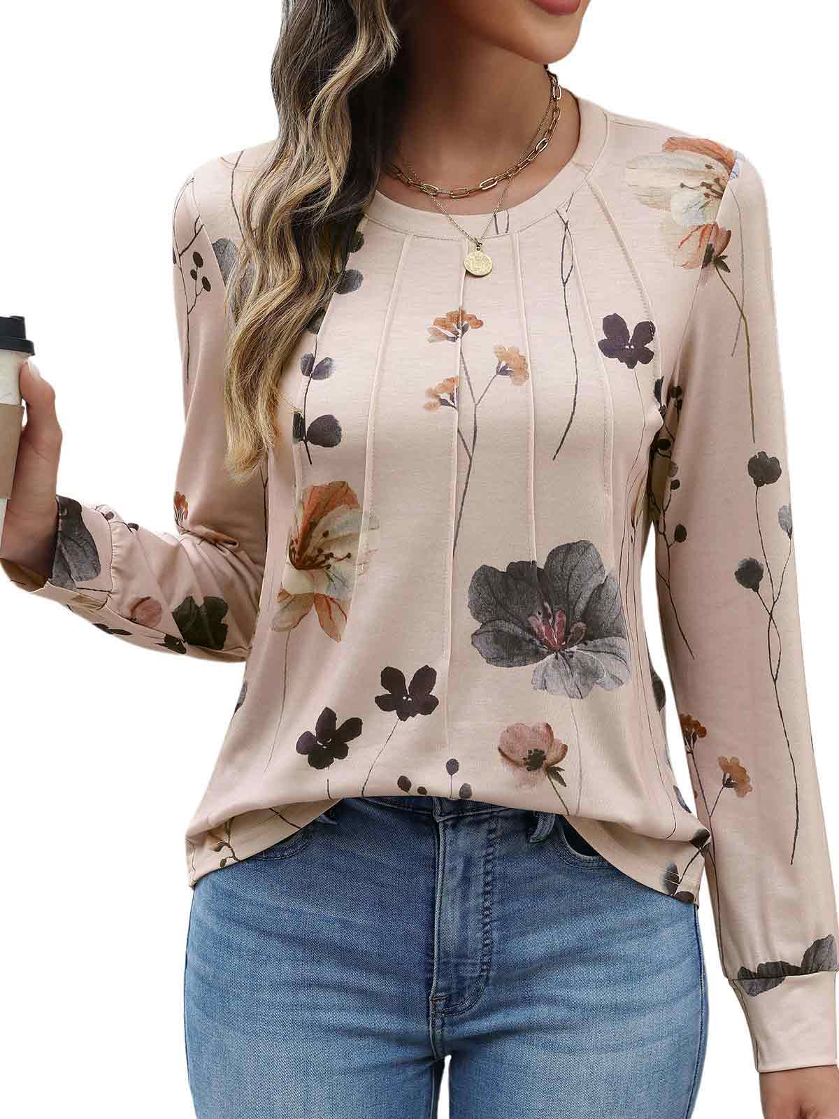 HEEKPEK Womens Floral Printed Long Sleeve Tunic Top Casual Tee