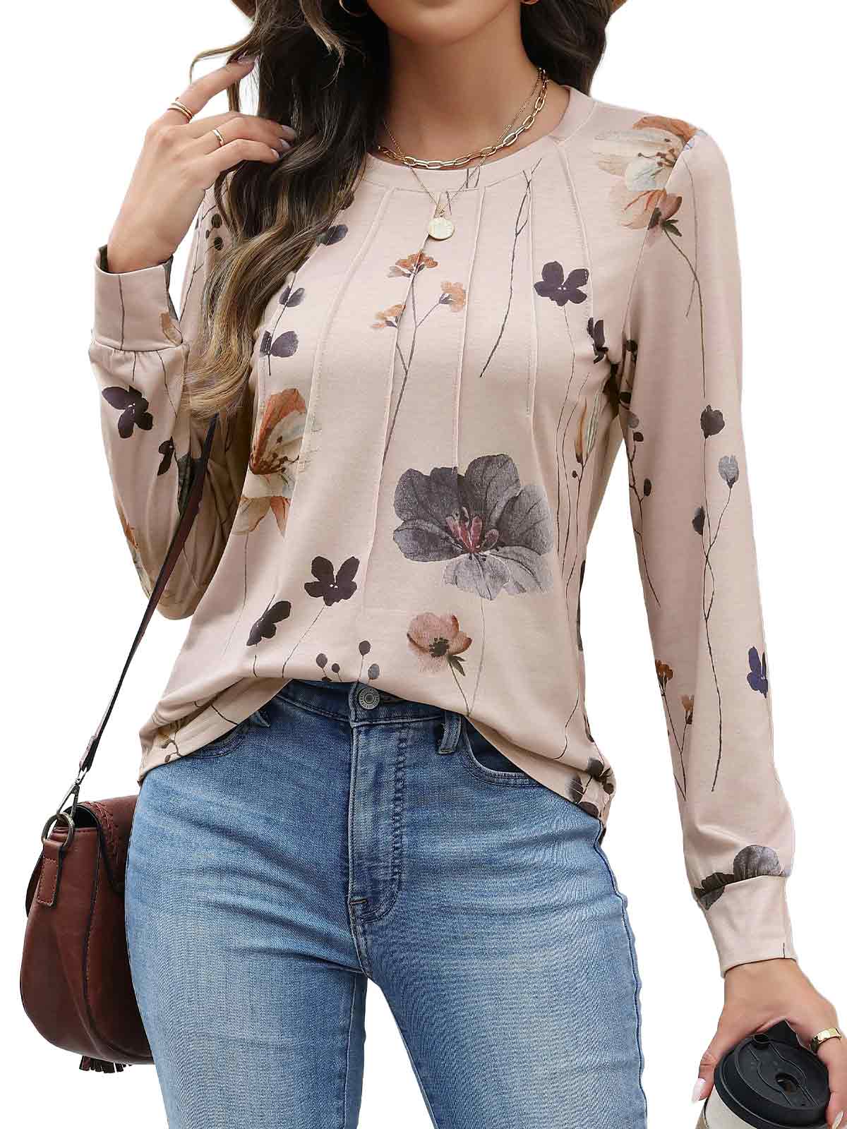 HEEKPEK Womens Floral Printed Long Sleeve Tunic Top Casual Tee