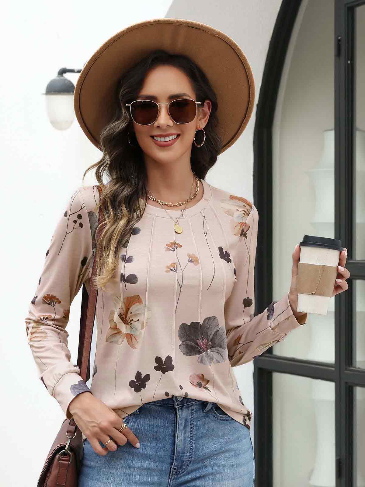 HEEKPEK Womens Floral Printed Long Sleeve Tunic Top Casual Tee