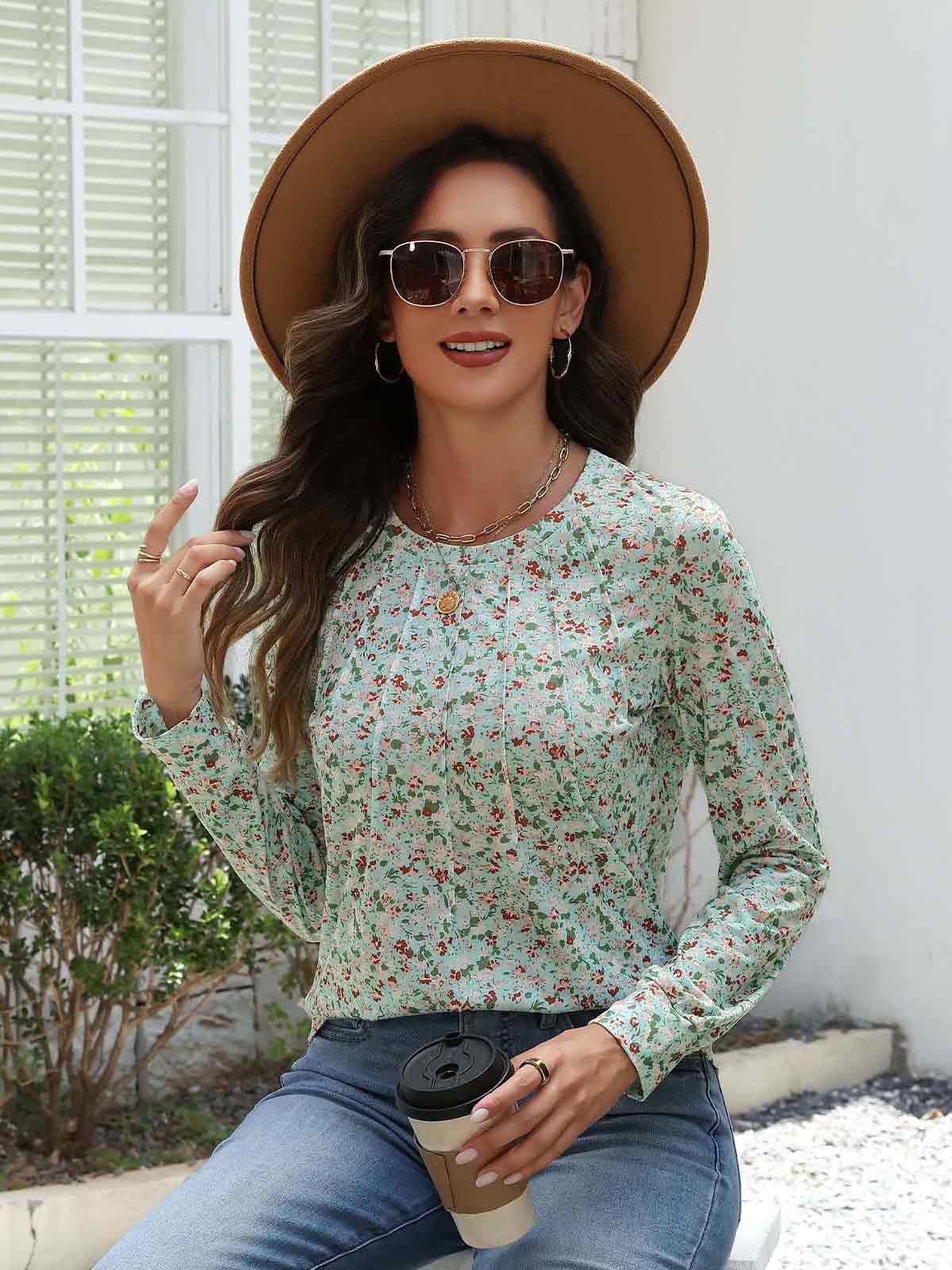 HEEKPEK Womens Floral Printed Long Sleeve Tunic Top Casual Tee
