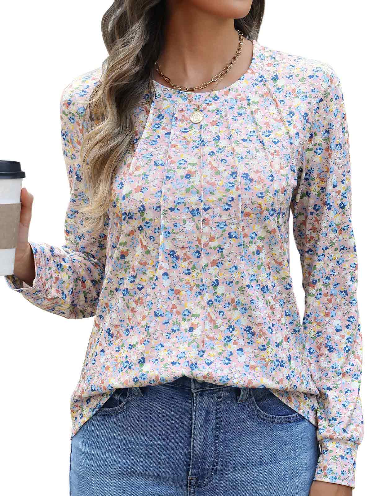 HEEKPEK Womens Floral Printed Long Sleeve Tunic Top Casual Tee