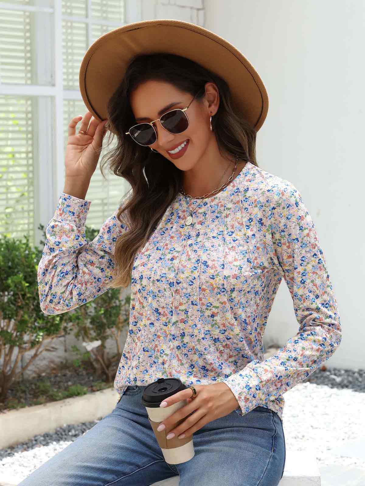 HEEKPEK Womens Floral Printed Long Sleeve Tunic Top Casual Tee