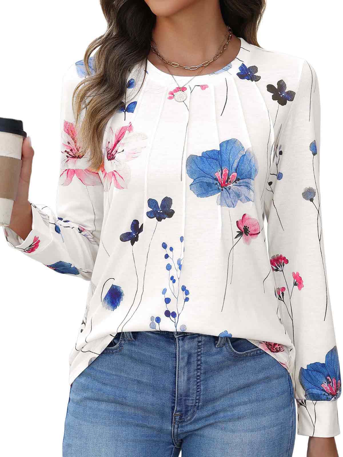 HEEKPEK Womens Floral Printed Long Sleeve Tunic Top Casual Tee