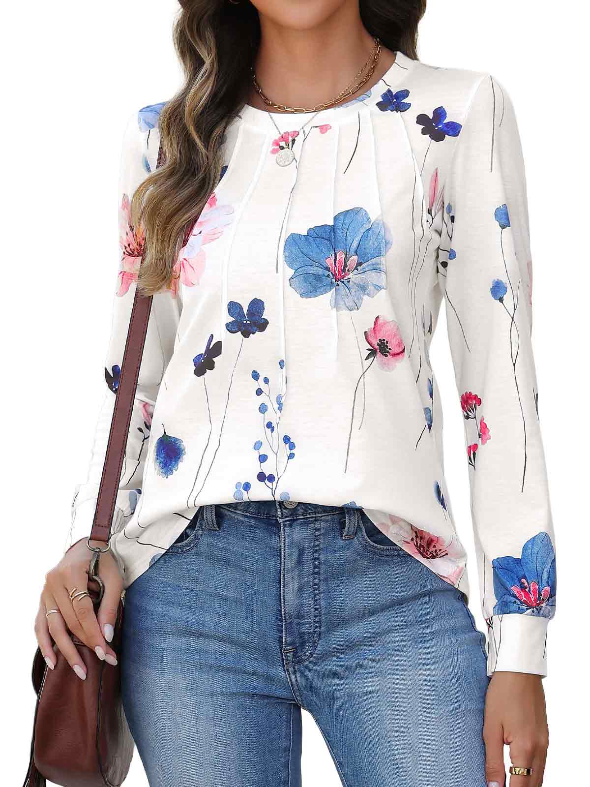 HEEKPEK Womens Floral Printed Long Sleeve Tunic Top Casual Tee