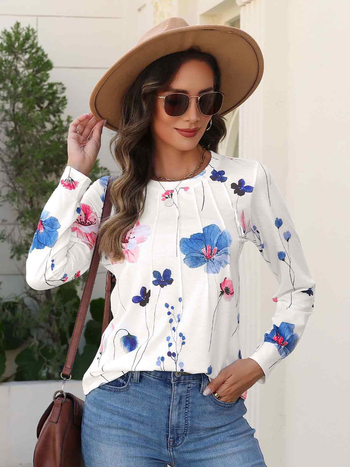 HEEKPEK Womens Floral Printed Long Sleeve Tunic Top Casual Tee
