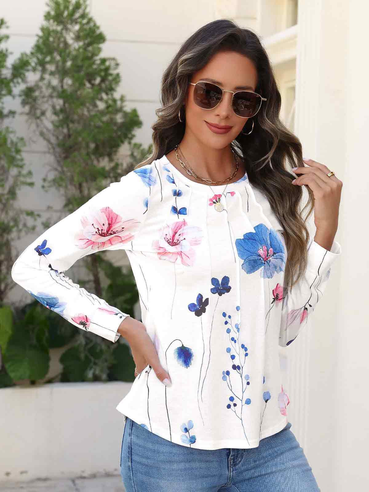 HEEKPEK Womens Floral Printed Long Sleeve Tunic Top Casual Tee