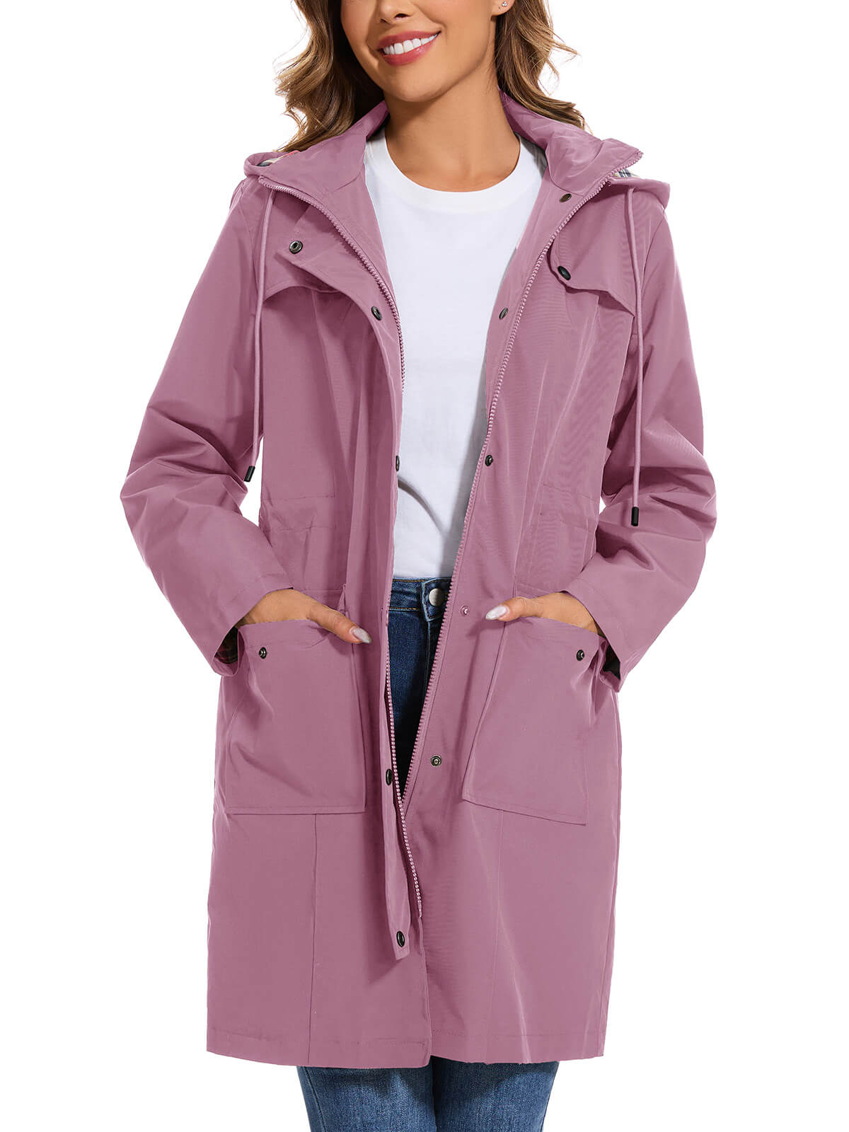 HEEKPEK Womens Long Waterproof Hooded Rain Jacket Lightweight Windbreaker Coat