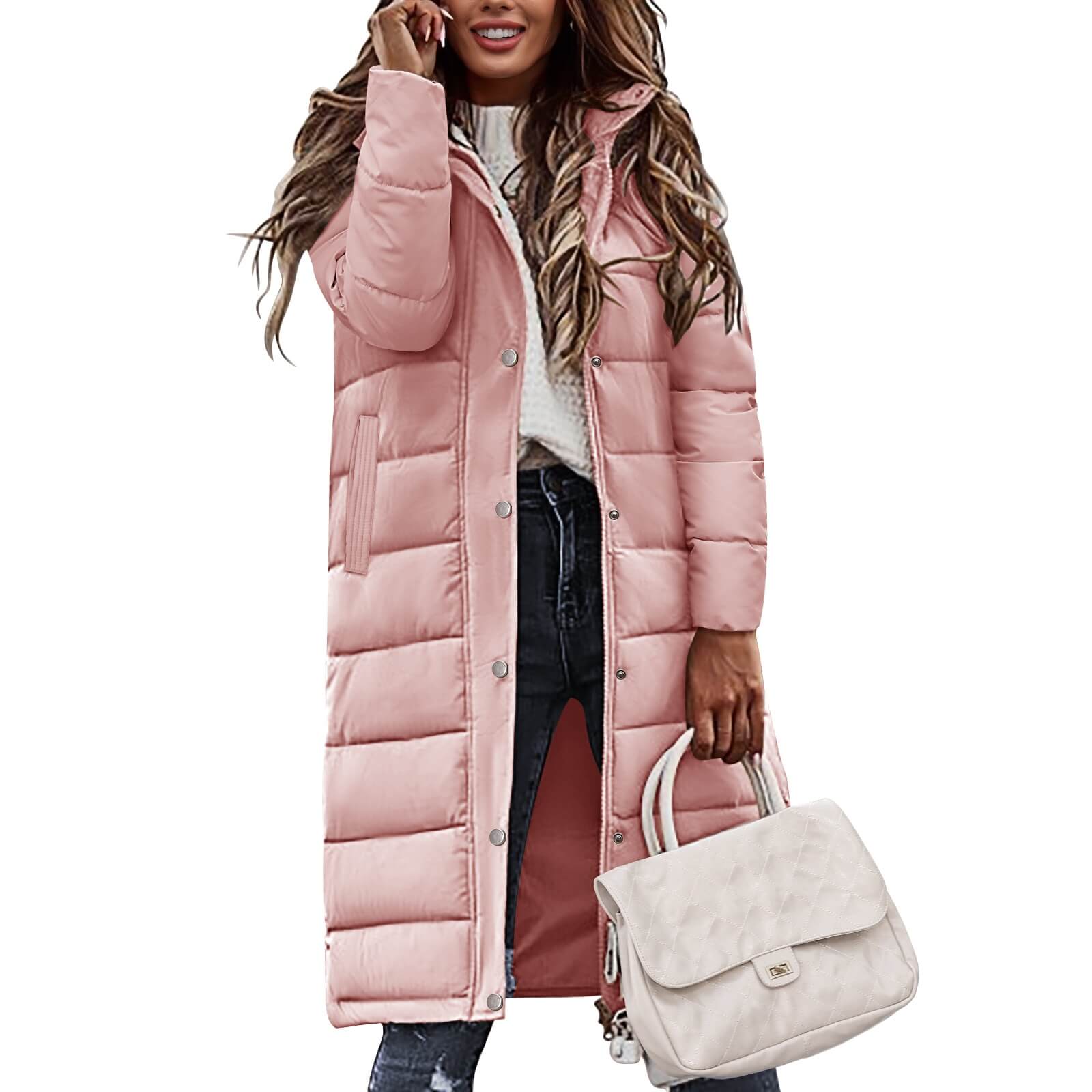 Woman wearing a pink long puffer coat holding a white