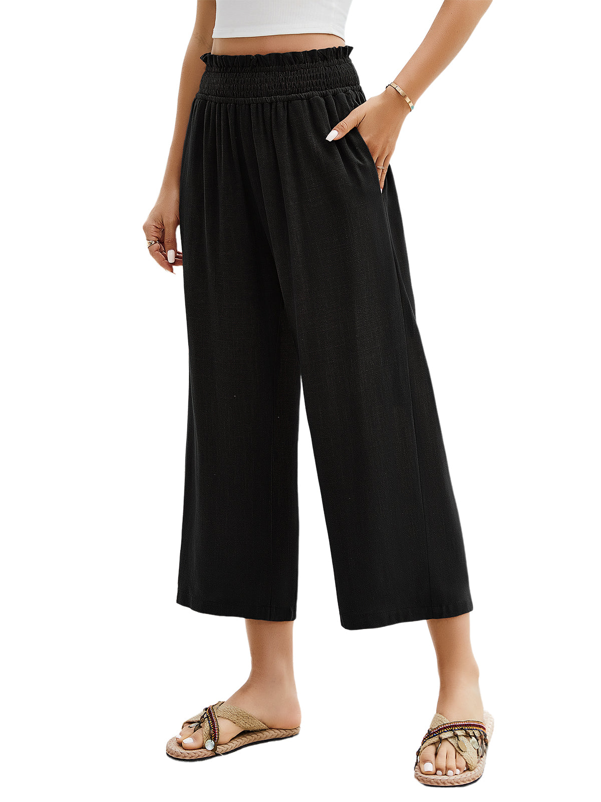 HEEKPEK Womens Linen Capri Pants Wide Leg High Waist Pockets