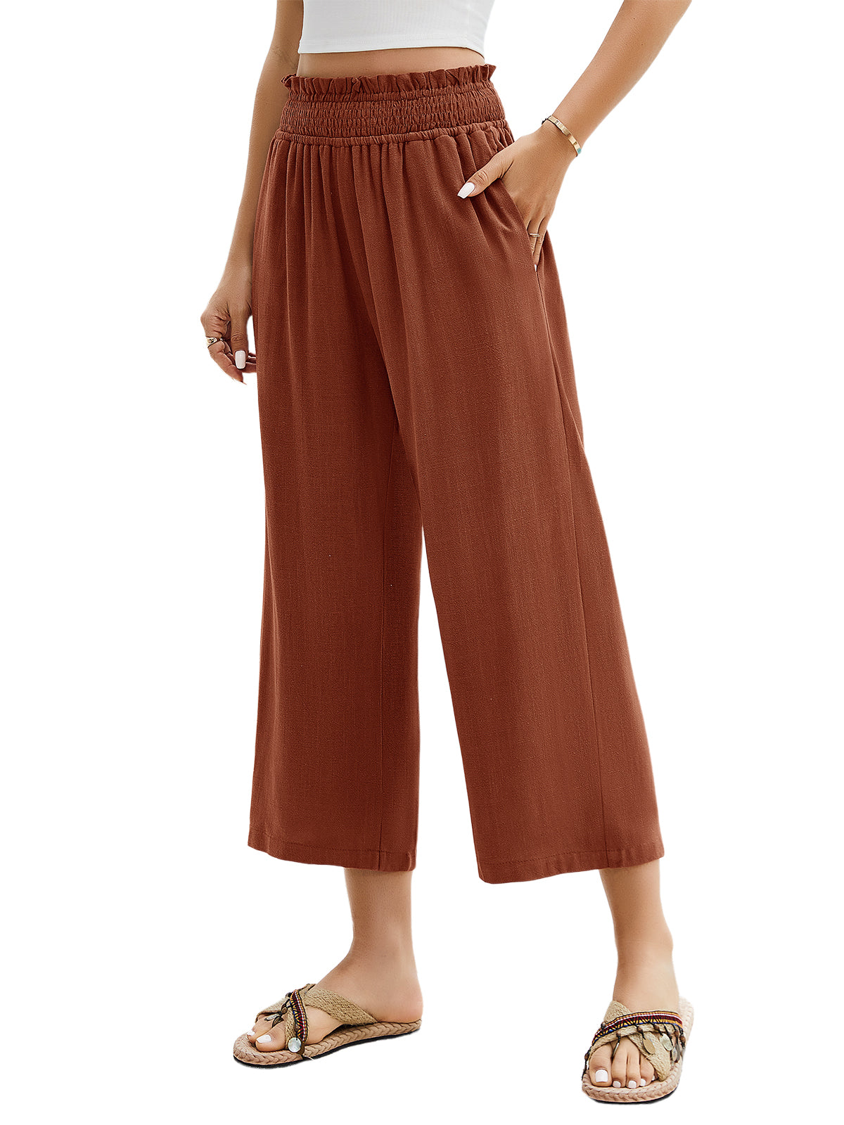 HEEKPEK Womens Linen Capri Pants Wide Leg High Waist Pockets