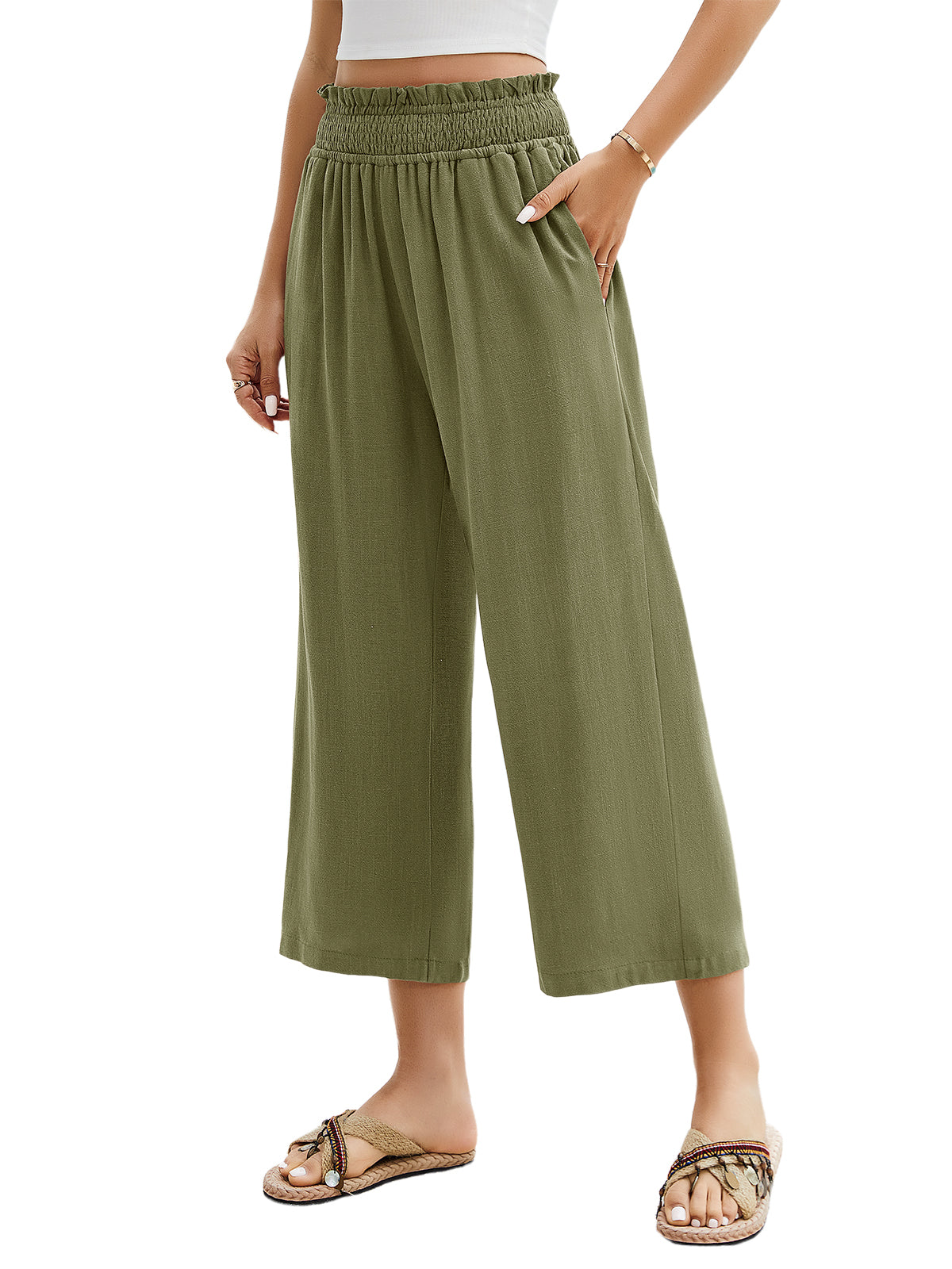HEEKPEK Womens Linen Capri Pants Wide Leg High Waist Pockets