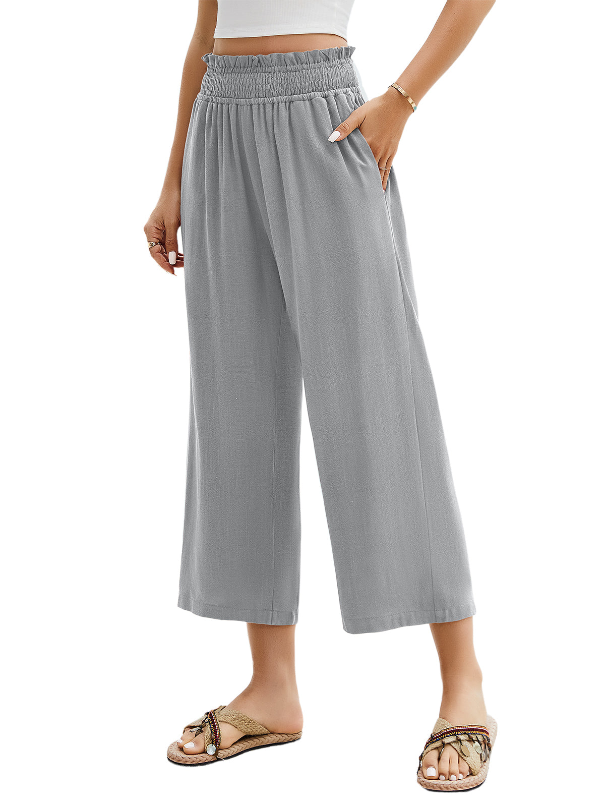 HEEKPEK Womens Linen Capri Pants Wide Leg High Waist Pockets