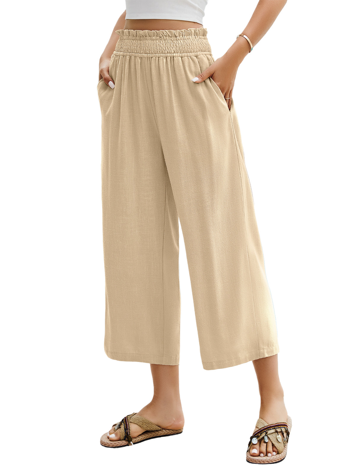 HEEKPEK Womens Linen Capri Pants Wide Leg High Waist Pockets