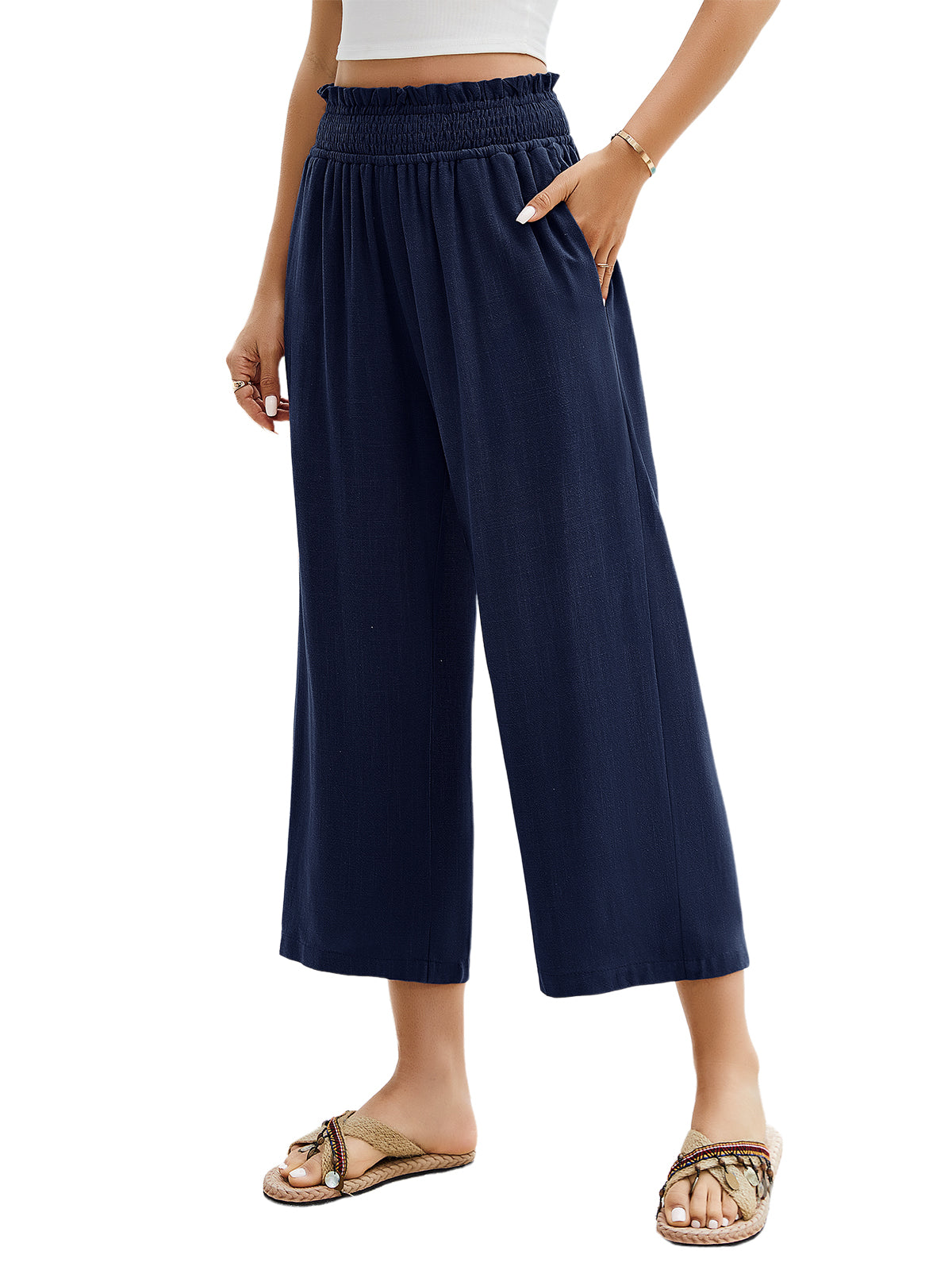 HEEKPEK Womens Linen Capri Pants Wide Leg High Waist Pockets
