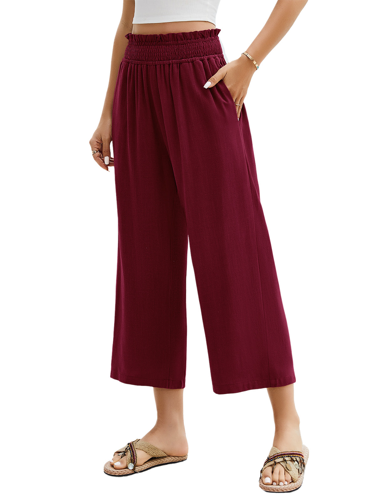 HEEKPEK Womens Linen Capri Pants Wide Leg High Waist Pockets