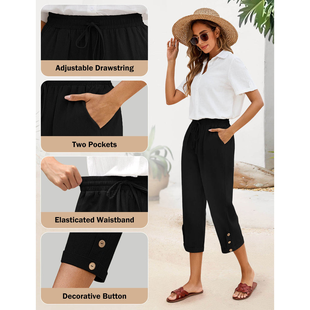 Women's High Waist Drawstring Capris Pants with Pockets
