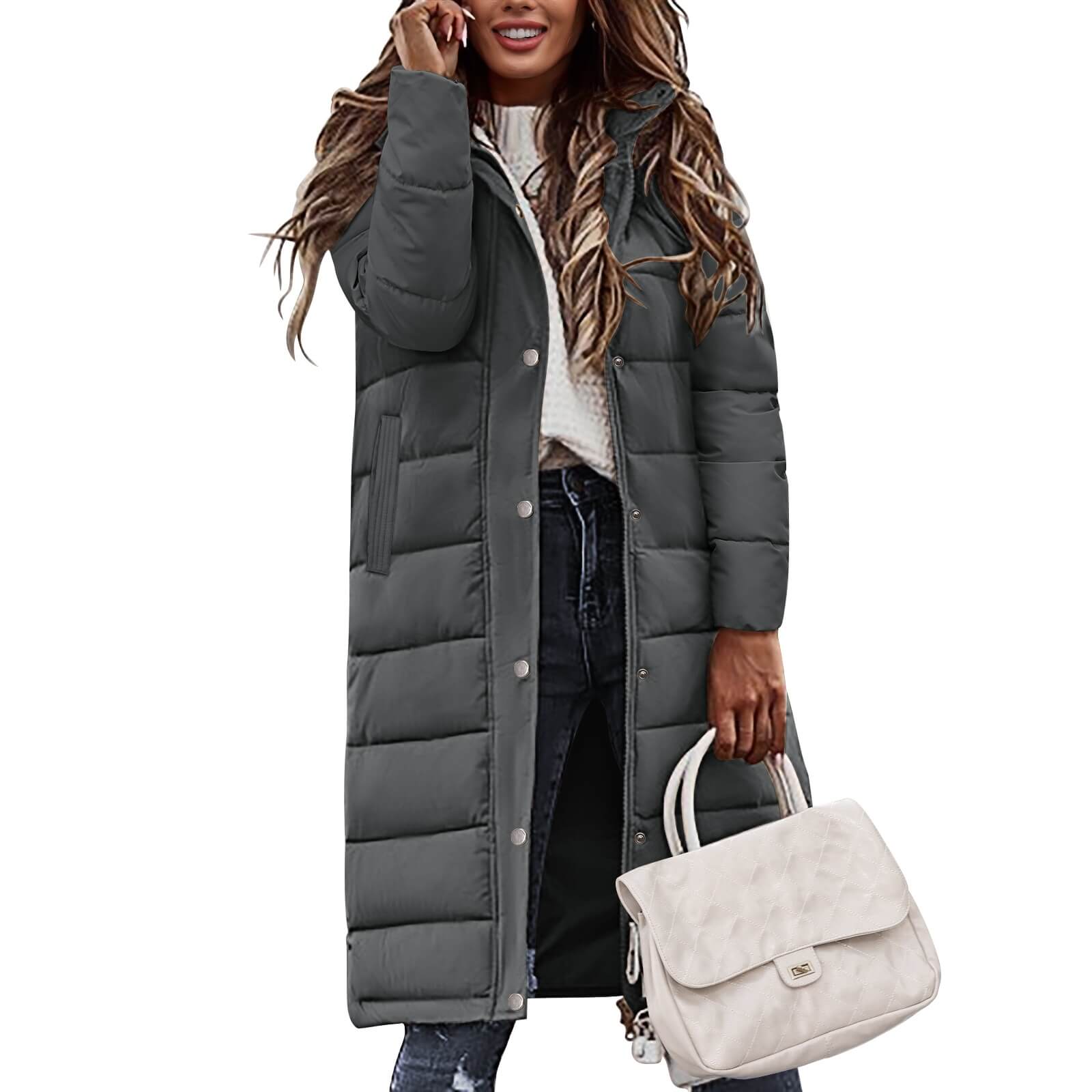 Woman wearing a long gray puffer coad