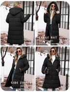 Black puffer coat with features highlighted in four different views.