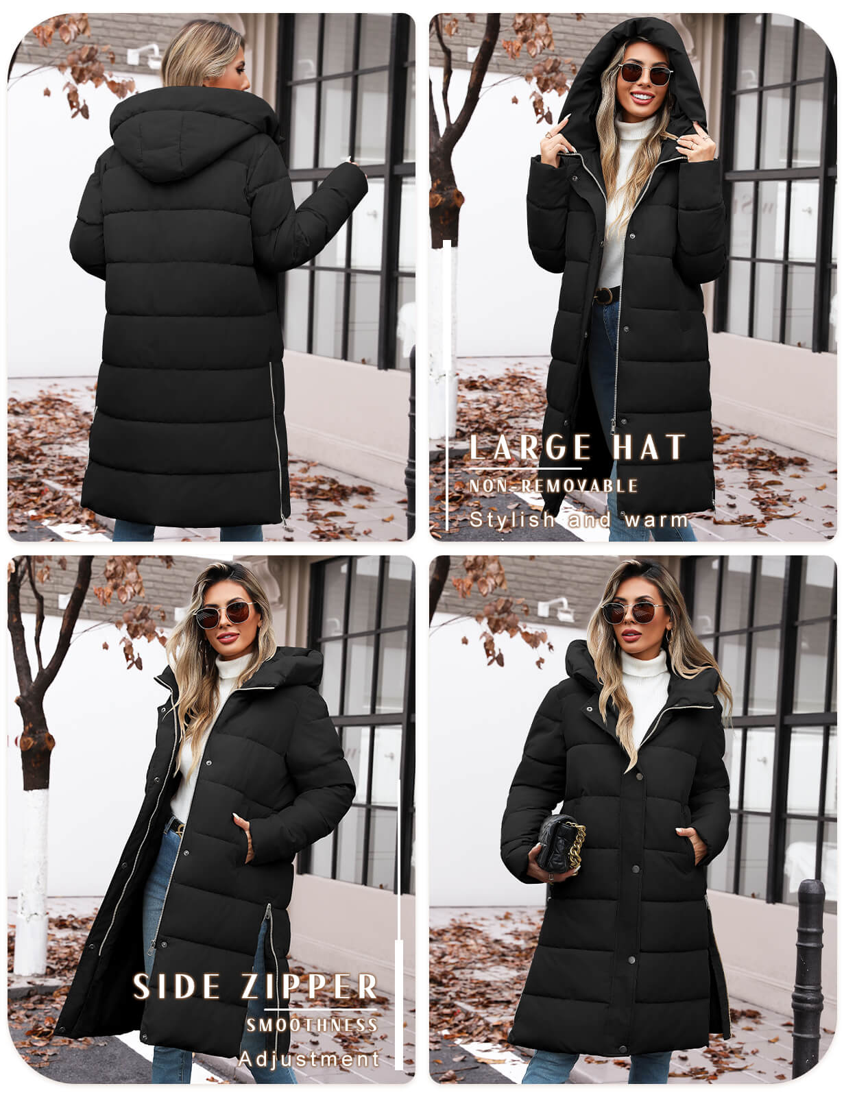Black puffer coat with features highlighted in four different views.
