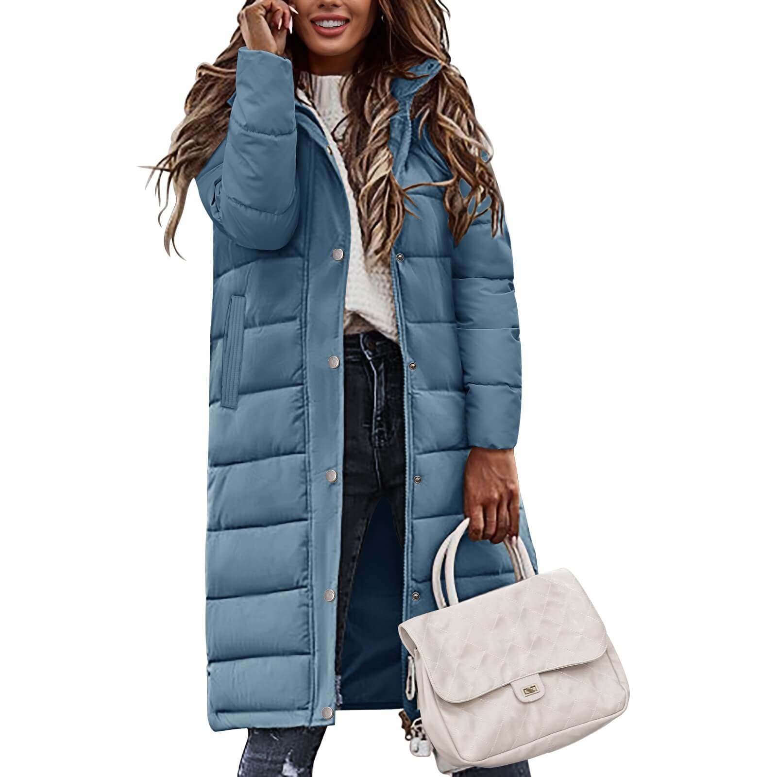 Woman wearing a long blue puffer coat
