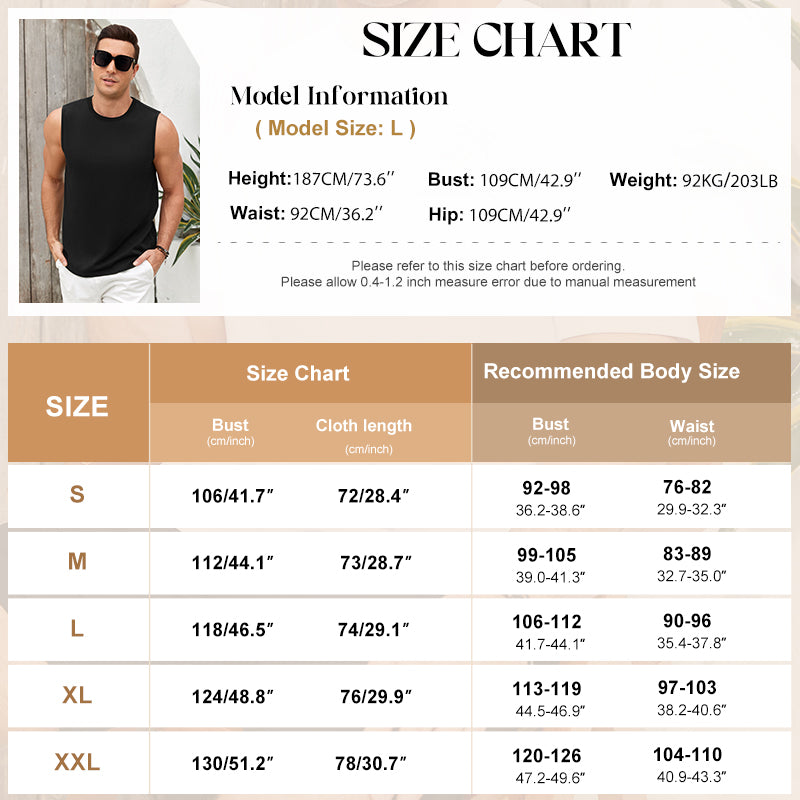 Size chart for men's clothing with model information and measurement details.