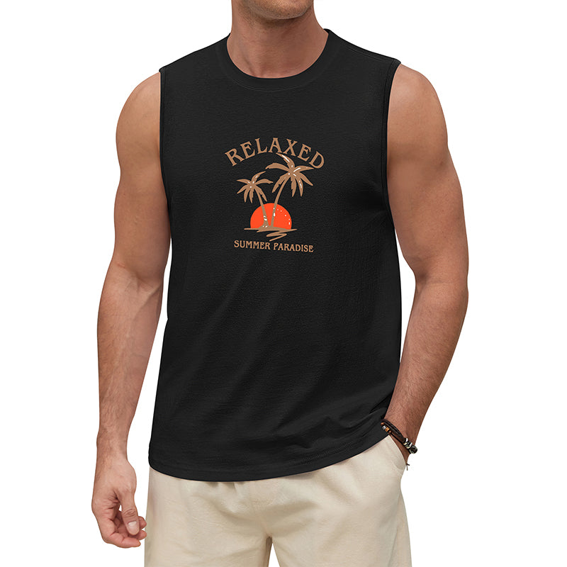 Black sleeveless shirt with 'Relaxed Summer Paradise'
