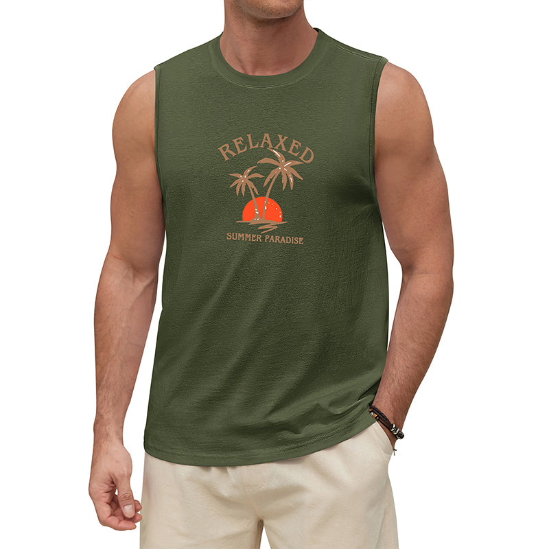 Man wearing a green sleeveless shirt with a tropical graphic
