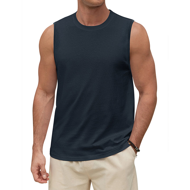 Man wearing a navy sleeveless shirt for gym
