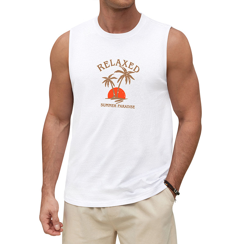 Man wearing a white sleeveless shirt with a 'Relaxed Summer Paradise' graphic design.