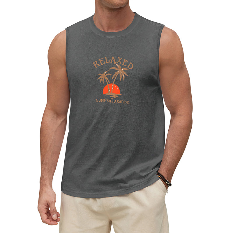Man wearing a sleeveless shirt with a 'Relaxed Summer Paradise' 