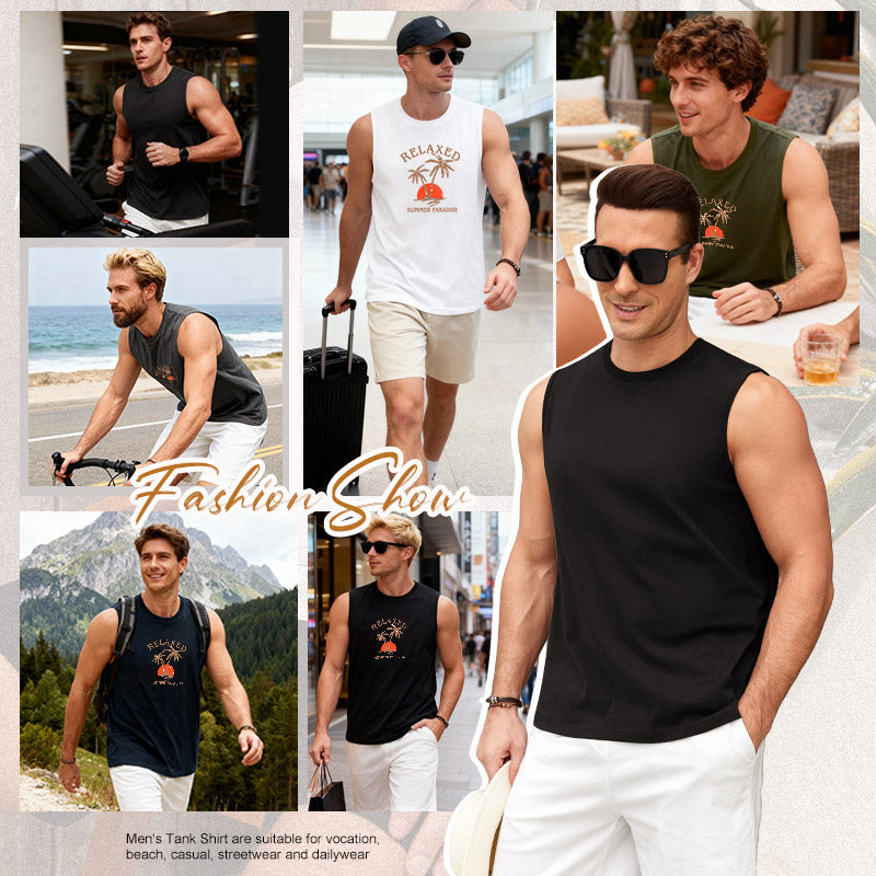Collage of a man wearing various tank tops for vocation daily wear