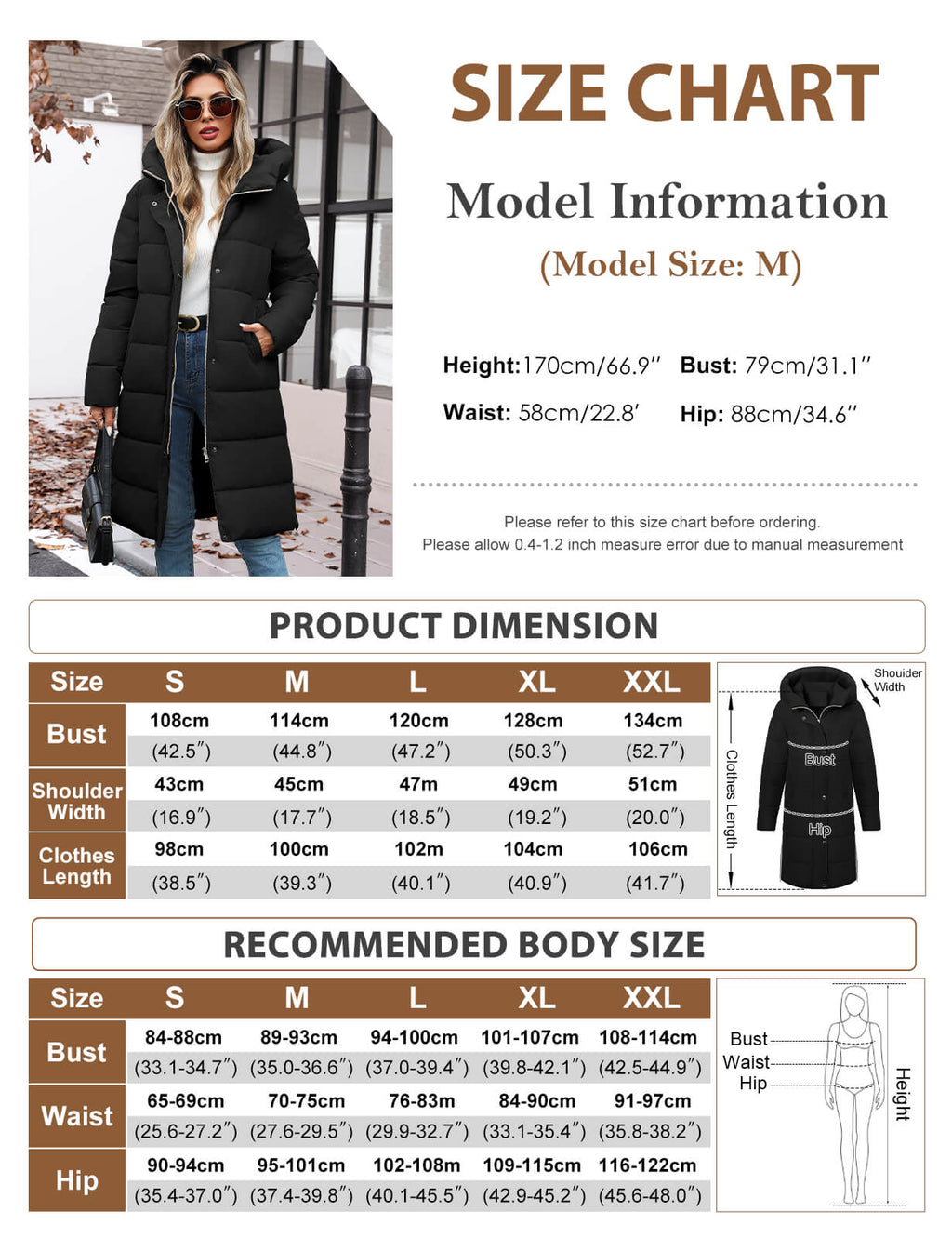 woman hoodie coat size chart