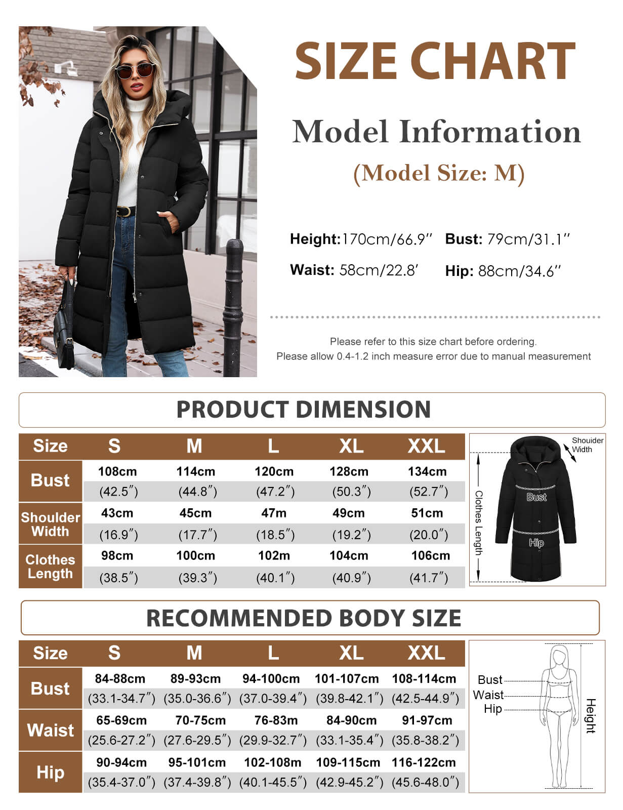 woman hoodie coat size chart